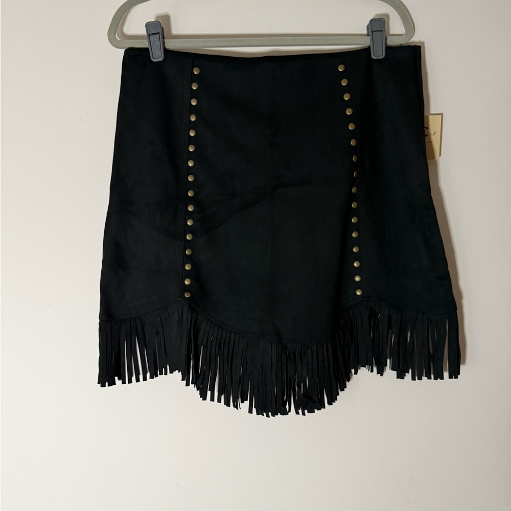 Black Faux Suede Fringe Mini Skirt with Stud Detail Western Festival